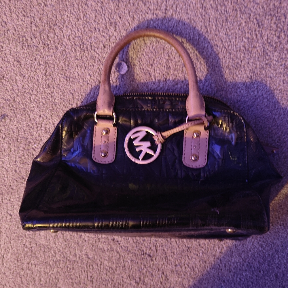 Michael Kors Black Patent Satchel with Beige Handles